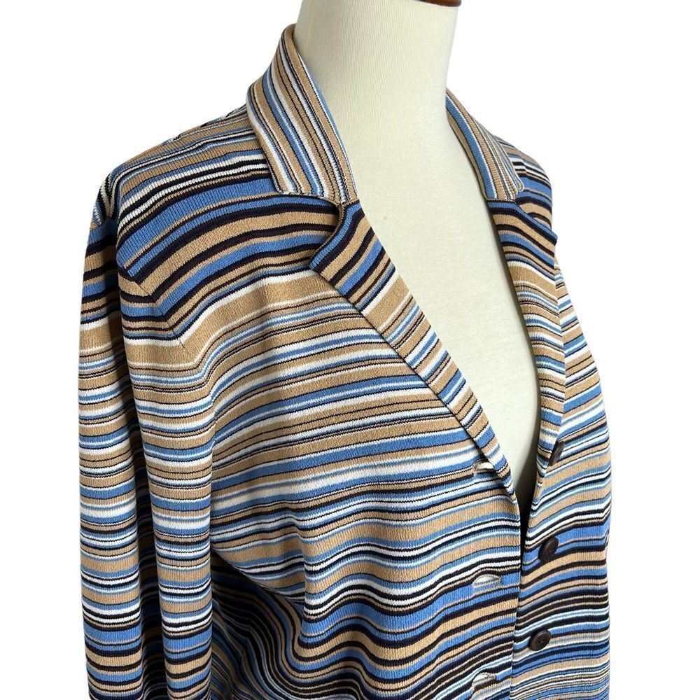 Vintage Jones New York Cardigan Sweater Button Front Size M Striped Blues Tan - Picture 7 of 10